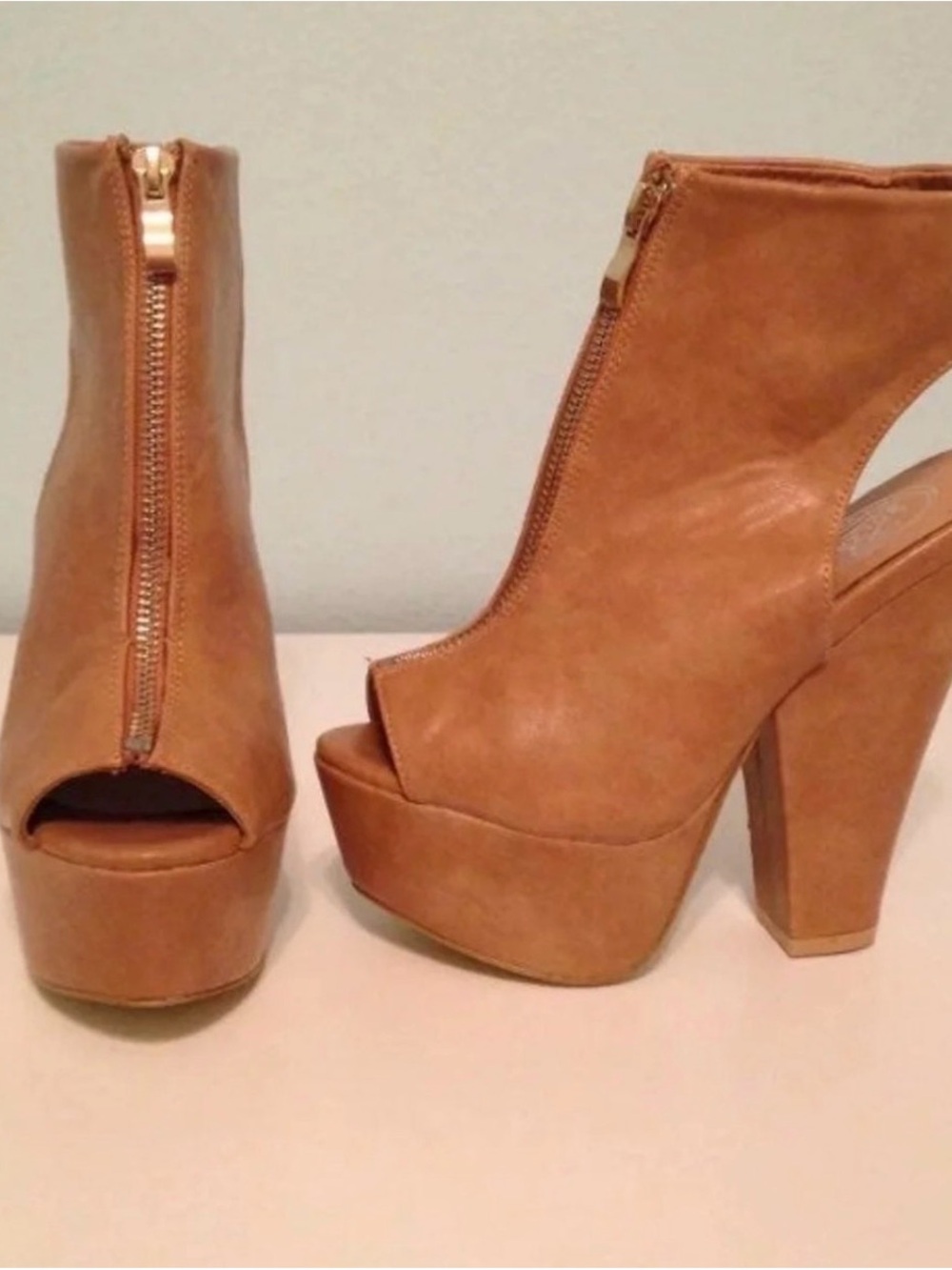 Tan Platform Peep-Toe Zip Front High Heels
